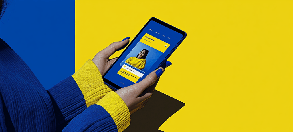 Blue and yellow: holding a phone with person on screen
