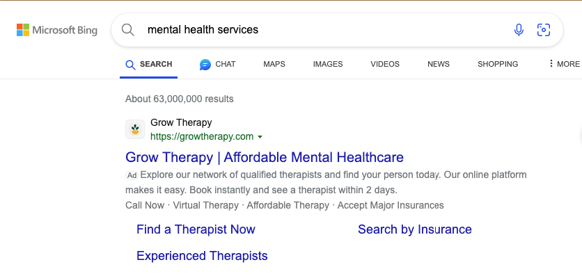 Microsoft Bing ad for Grow Therapy at the top of search results