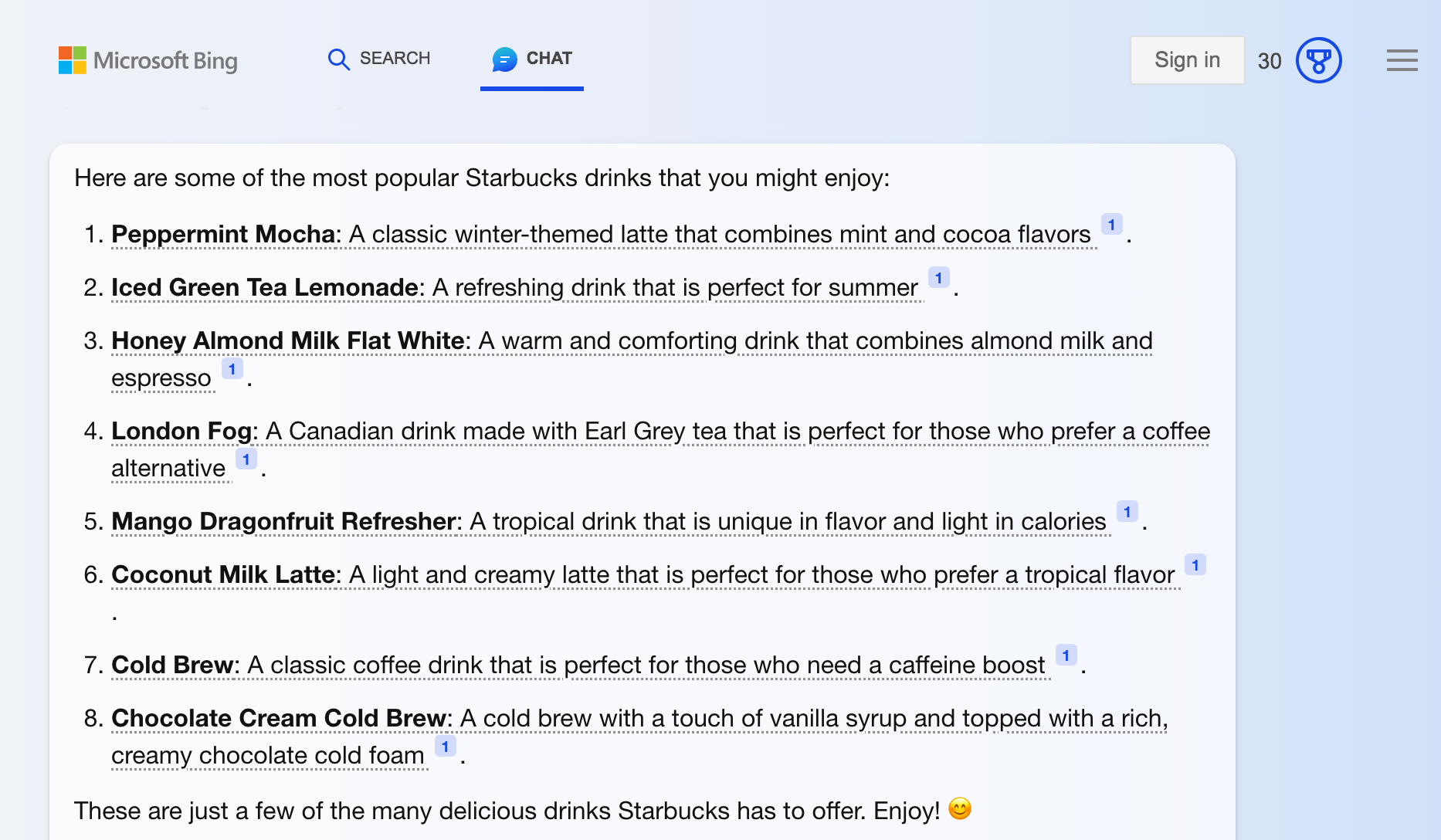 Bing AI chat response to what the most popular Starbucks drinks are