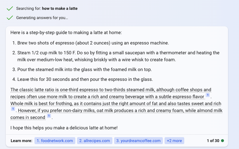 Microsoft Bing AI response to a question on how to make a latte