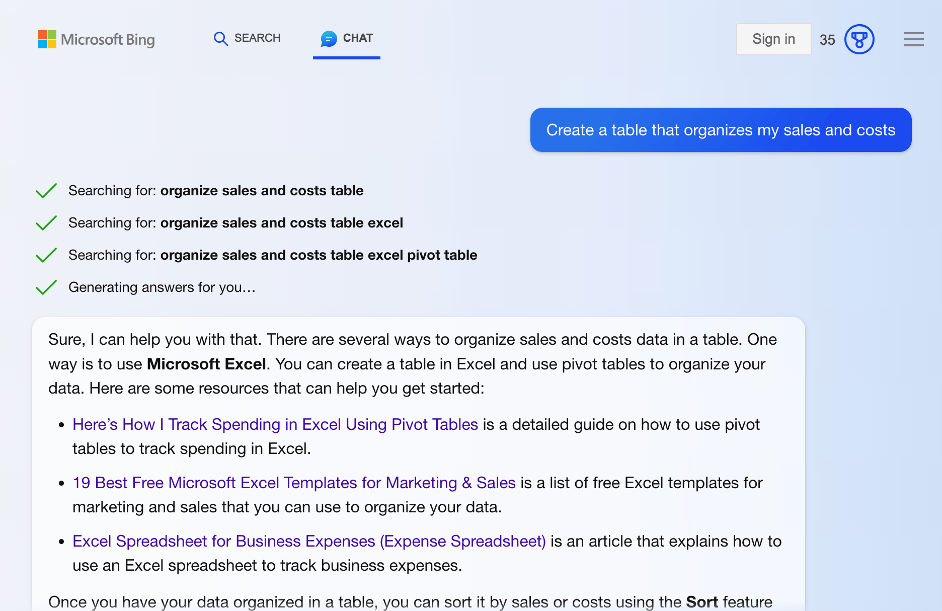 Asking Bing AI to generate a table that organizes sales and costs