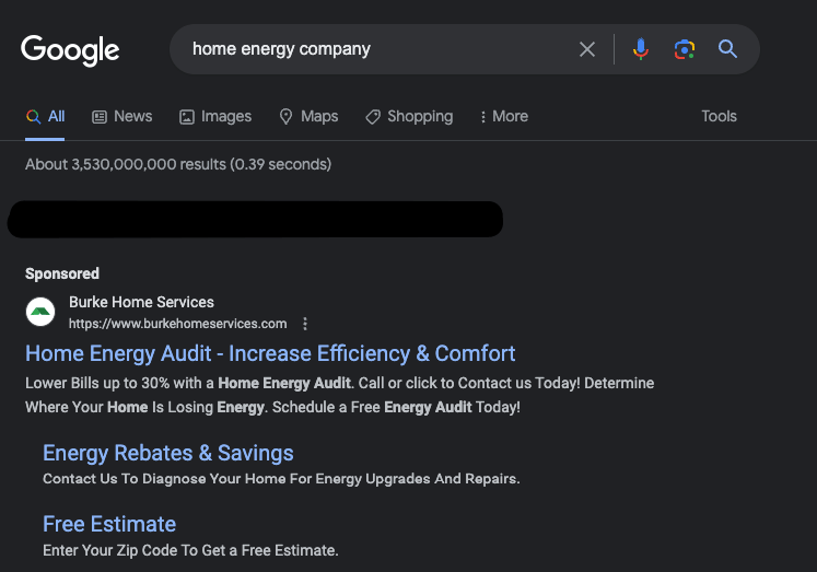 PPC ad for Burke Home Services appearing in Google search results