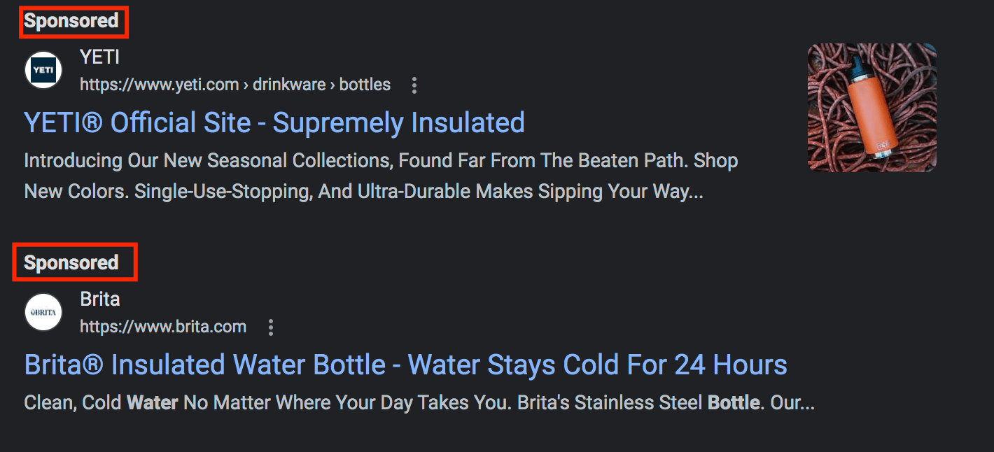 PPC ad appearing in Google for Yeti and Brita water bottles