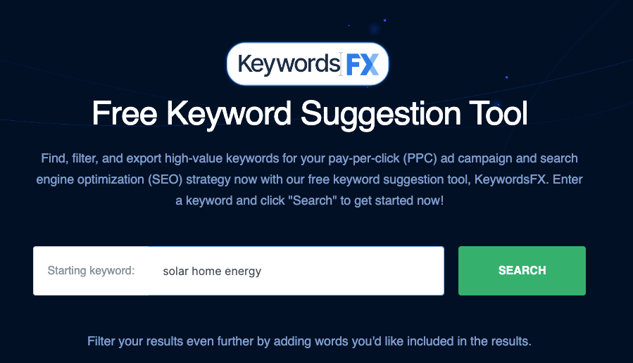 Searching the term "Solar Home Energy" on KeywordsFX