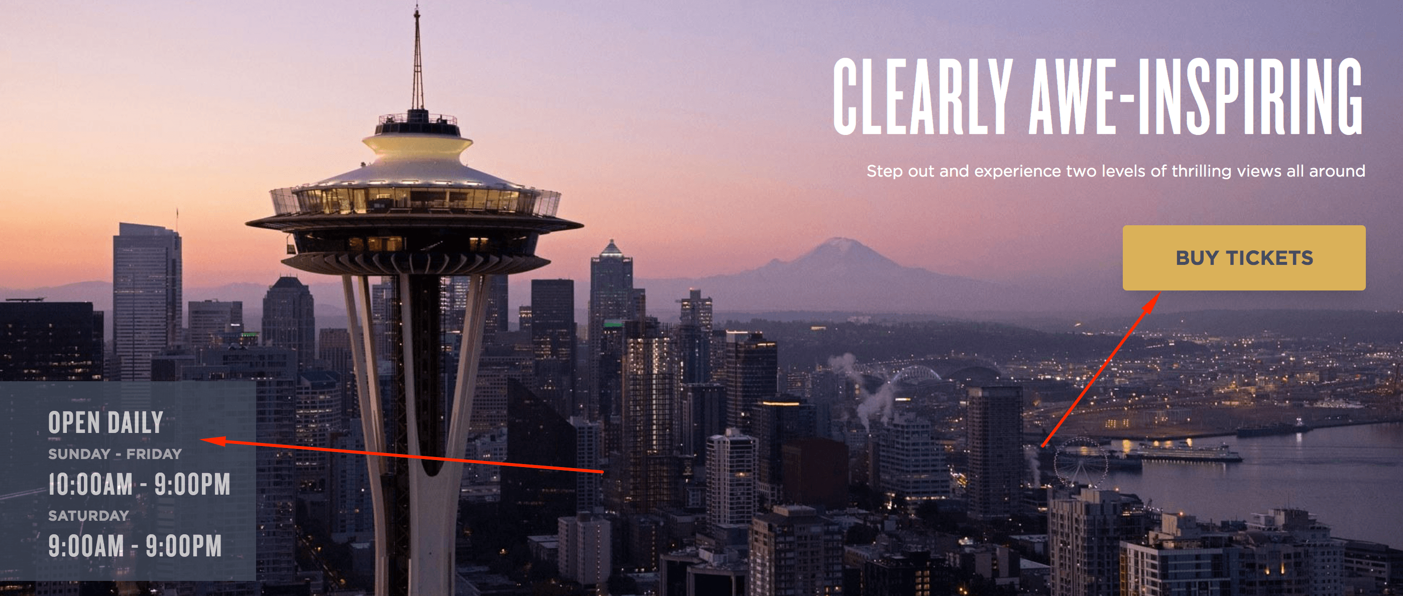 Still image of the Space Needle with the daily hours and a button to buy tickets featured at the top