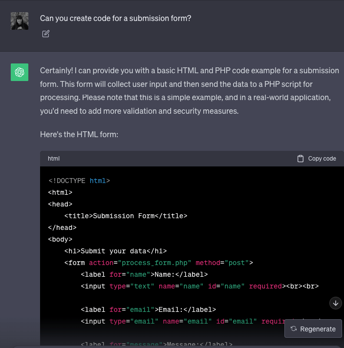 ChatGPT generating coding for a submission form on a website