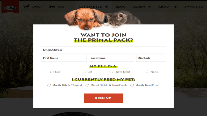 screenshot of one of the web form examples by primal pet foods