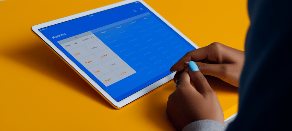 Person using a stylus on a tablet showing a metrics dashboard, with a yellow background.