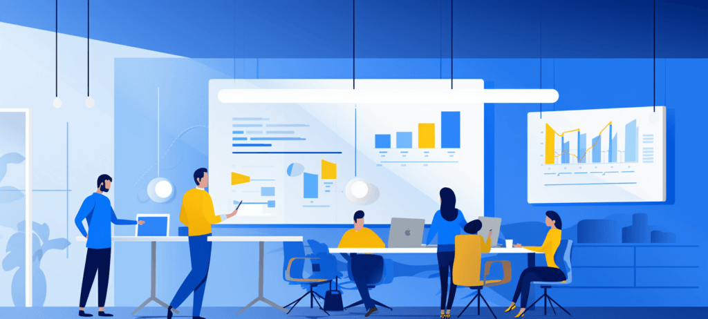 People in a conference room looking at data