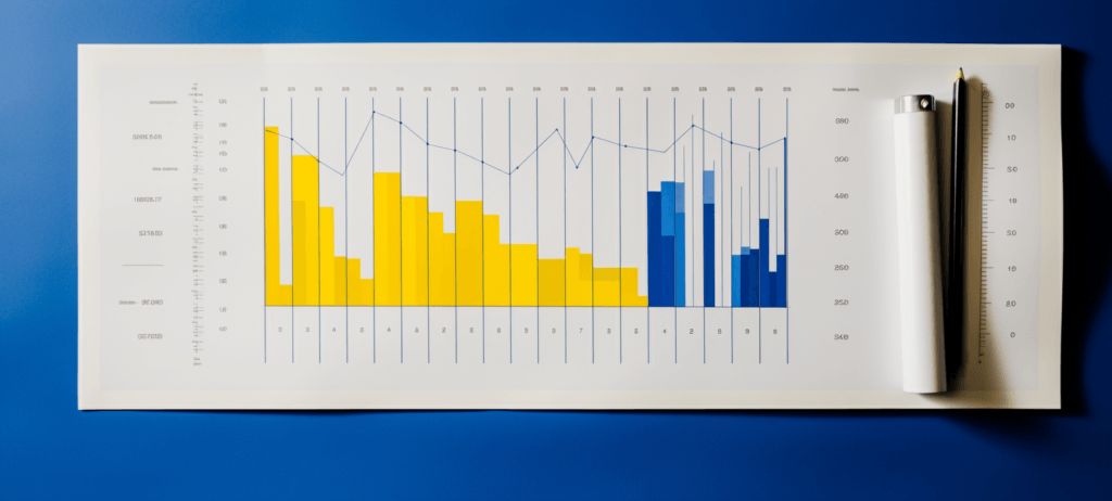 Printed bar and line chart on white paper with yellow and blue bars, and an overlaid white line, accompanied by a white cylindrical object, black pen, and mechanical pencil on a blue surface.