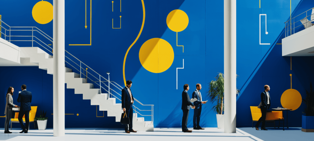 A modern office space with blue walls and yellow geometric decor, featuring business professionals engaged in conversations and walking through the area.