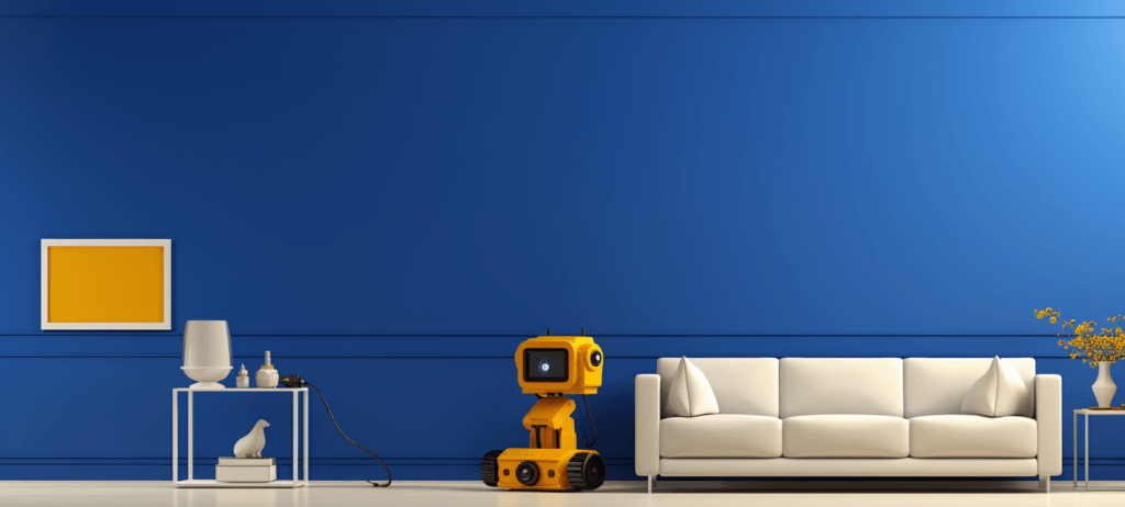 Modern living room with a blue wall, white sofa with cushions, a side table with yellow flowers, a small table with a lamp and decor, and a yellow robot in front of it. A framed yellow artwork hangs on the wall.