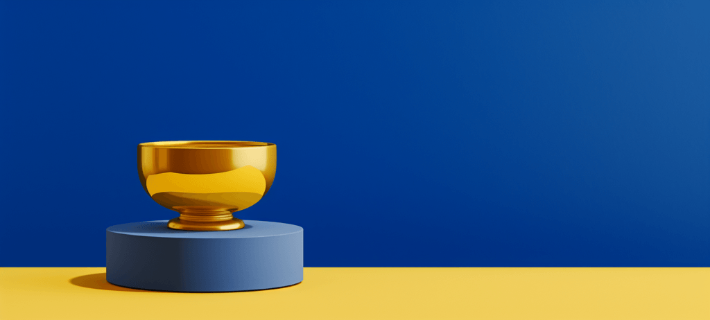 A golden trophy cup on a blue pedestal against a blue background with a yellow stripe at the bottom.