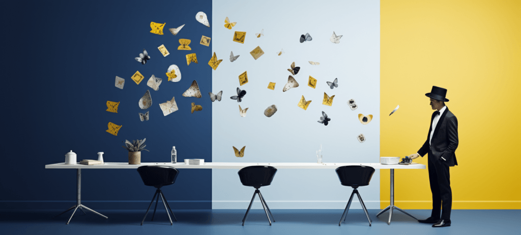 A man in a black suit and top hat holding a vintage camera, standing beside a white table with black chairs. The room has a diagonal split background with dark blue on the left and yellow on the right, with butterflies, stones, and illustrated papers floating in the air, creating a surreal atmosphere.