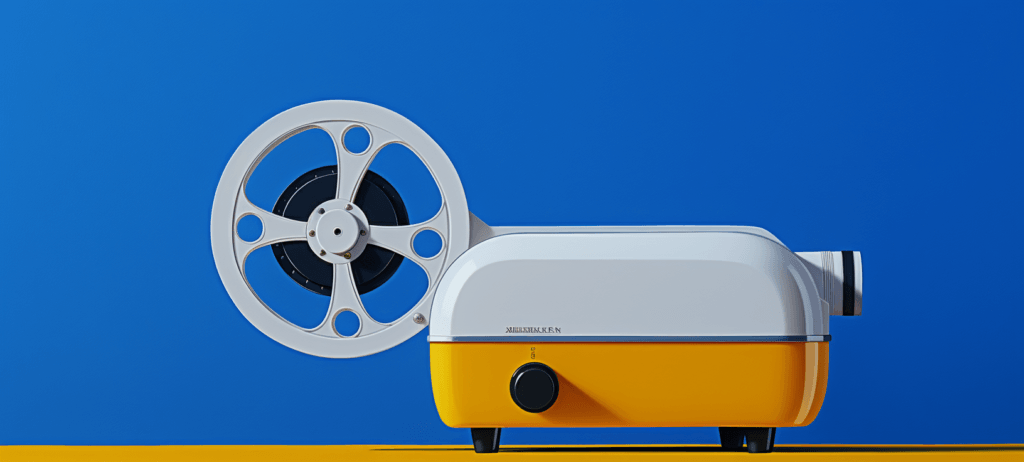 A retro film projector with a white and yellow design, featuring a large film reel and a lens, set against a blue background with a yellow stripe.