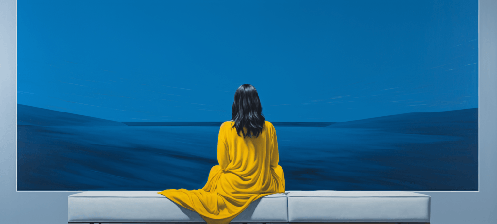 A person in a yellow garment sits on a white bench, contemplating a large painting of a blue seascape with a gradient of blue tones.