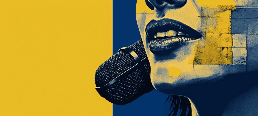 Stylized graphic of a person's lower face with open mouth near a microphone in a yellow and blue duotone with a pop art aesthetic.