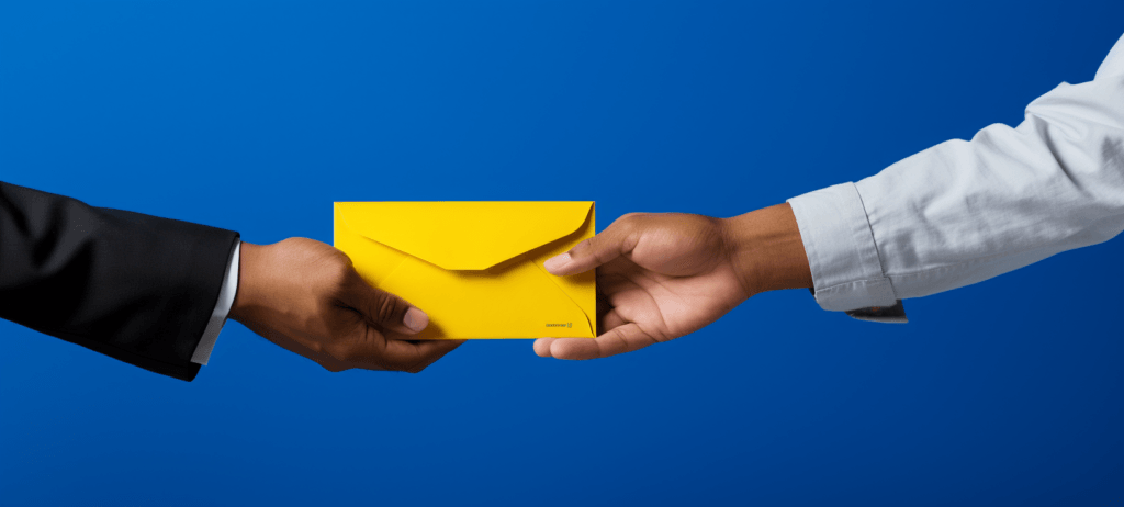 Two hands exchanging a yellow envelope, with the left hand in a black suit and the right hand in a white shirt sleeve against a blue background.