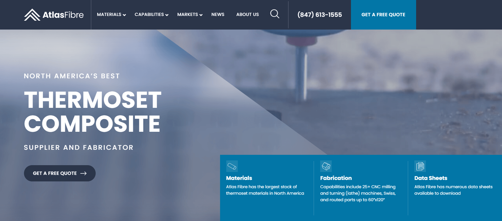 Website header for Atlas Fibre, highlighting their position as North America's best thermoset composite supplier and fabricator, with a background image of a CNC milling process.