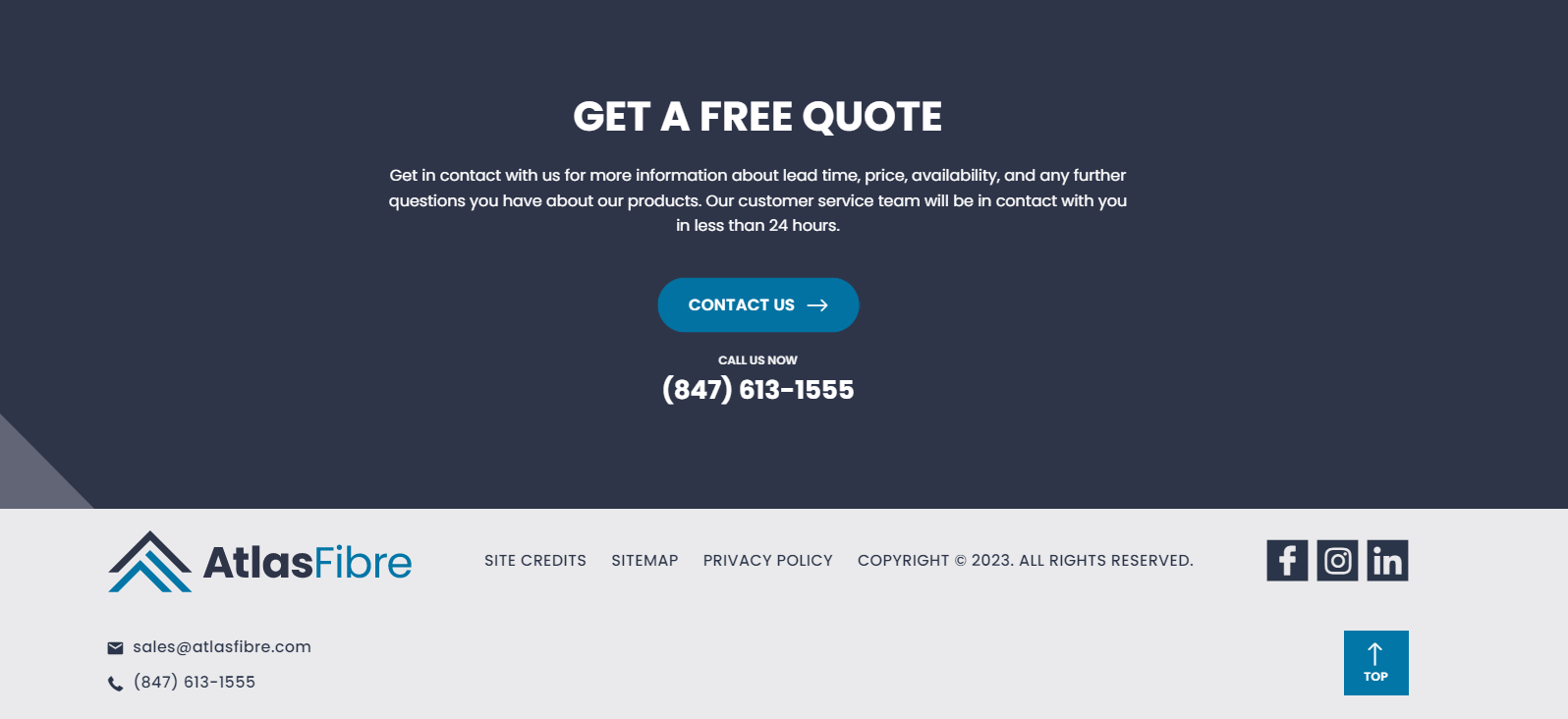 Webpage section from Atlas Fibre offering a free quote with contact information, customer service promise, and social media links.