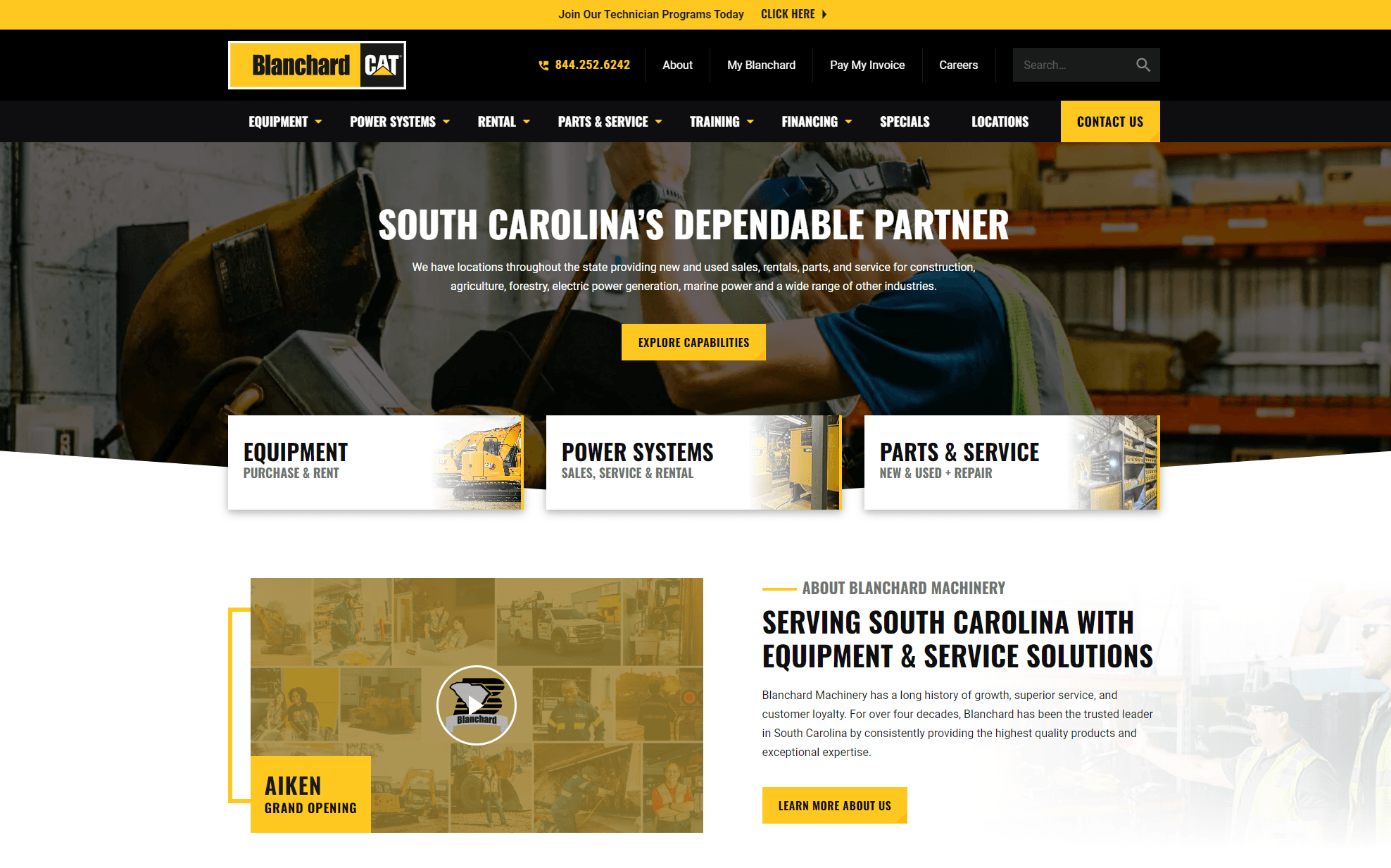 Screenshot of Blanchard CAT website with sections for equipment, power systems, and parts & service, and a promotional banner for South Carolina's Dependable Partner.