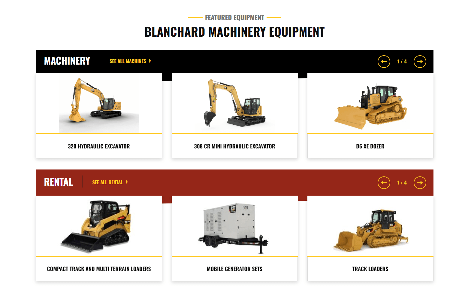 Webpage section from Blanchard Machinery Equipment featuring six types of construction equipment for sale and rent, including hydraulic excavators, a dozer, compact loaders, a mobile generator set, and track loaders.