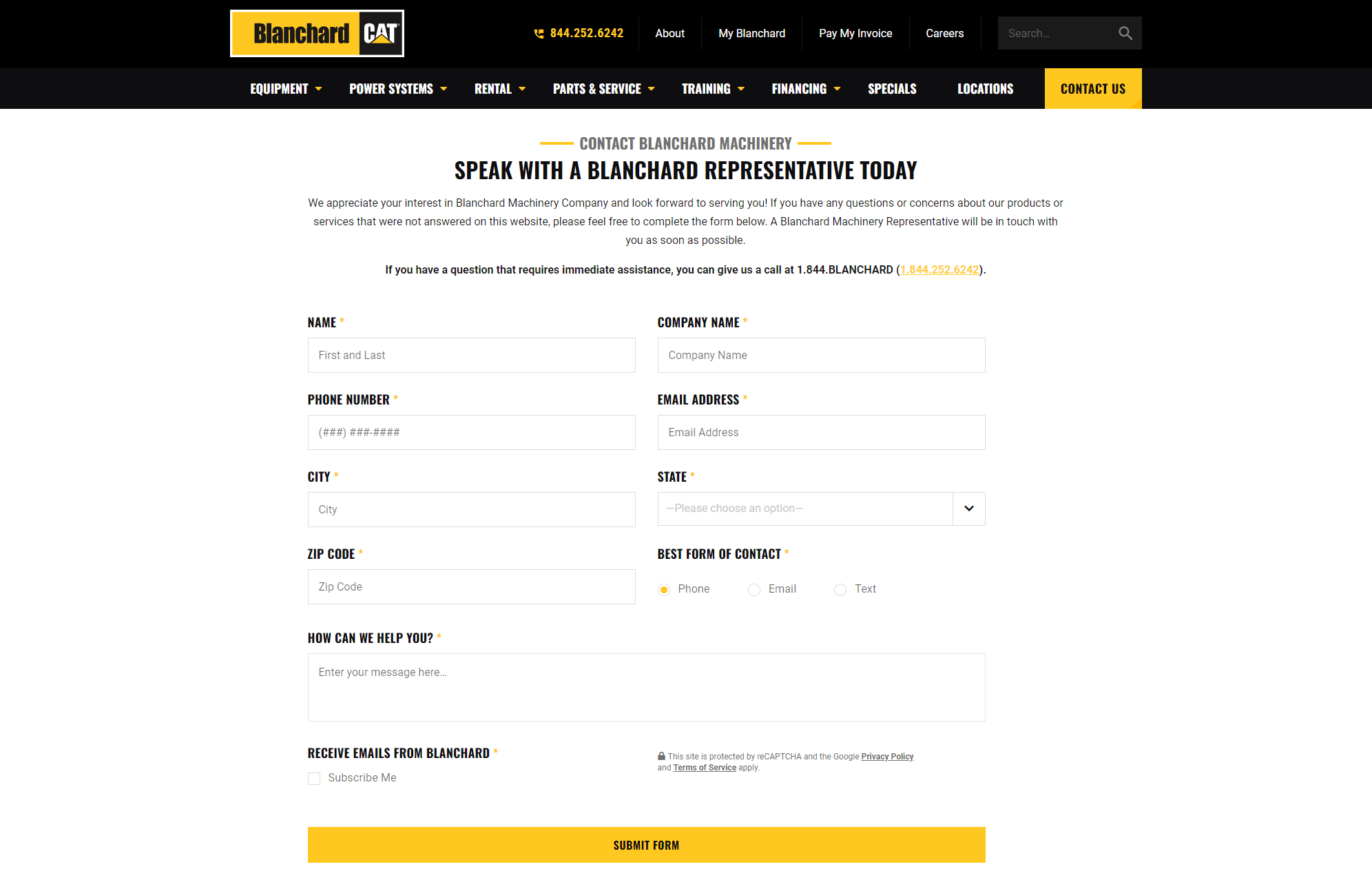 Screenshot of the Blanchard Machinery Company contact form with fields for personal and company information, a message box, contact preferences, and a submit button.