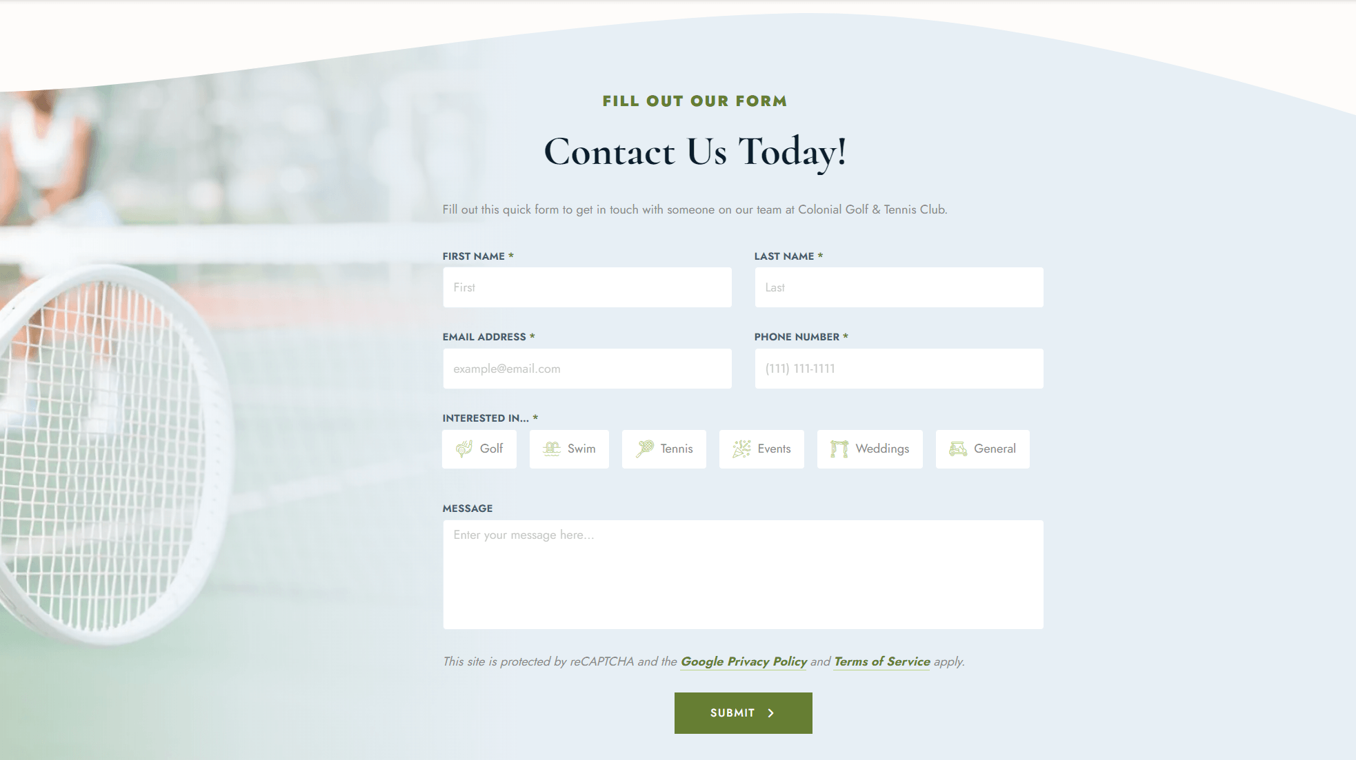 A contact form from Colonial Golf & Tennis Club with fields for personal details and interests such as golf, swim, tennis, events, and weddings, set against a blurred background of a tennis court.