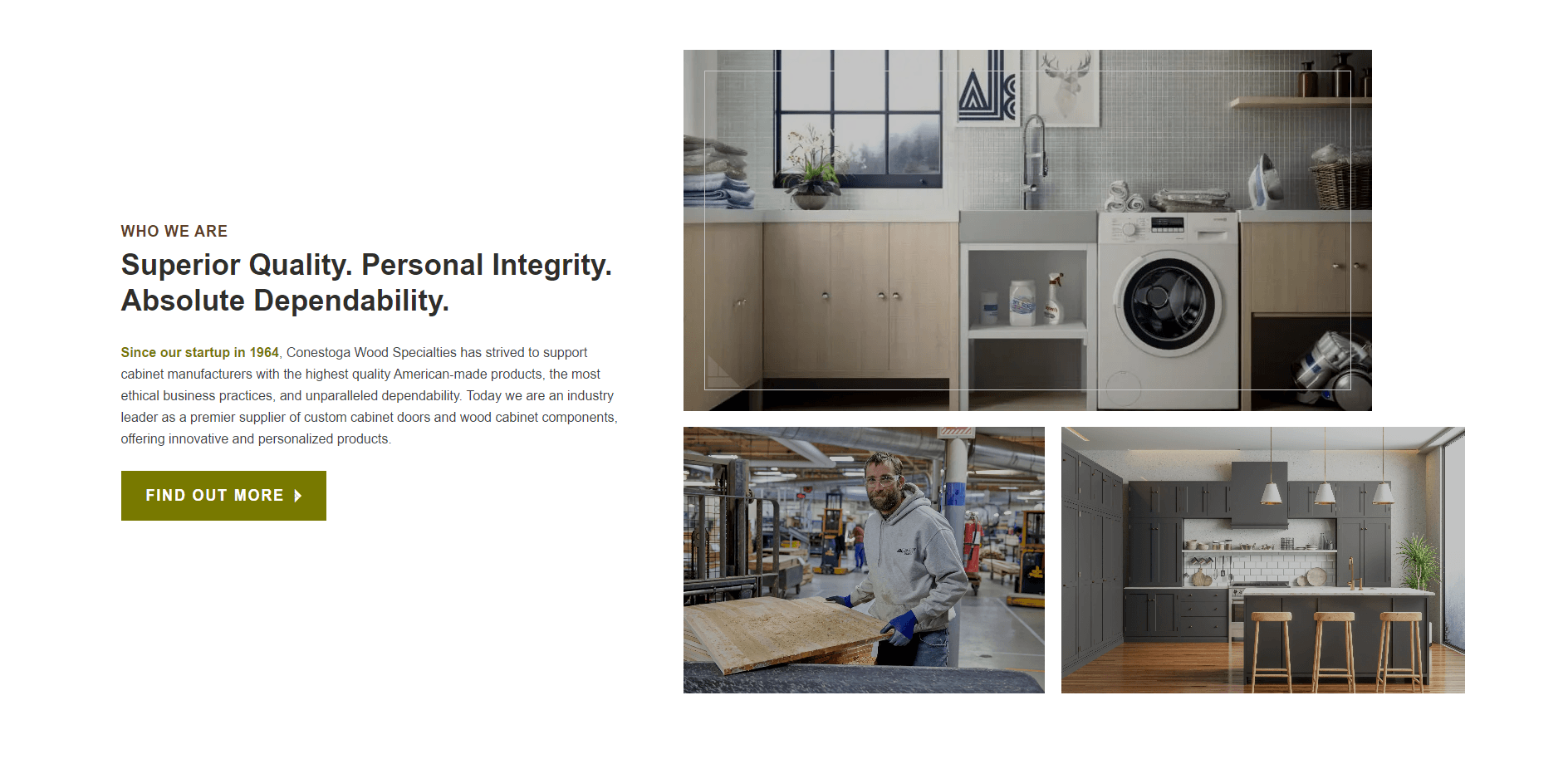 Webpage section for Conestoga Wood Specialties featuring a company description emphasizing quality, integrity, and dependability, with images of their products including a bathroom vanity, a laundry room, and a modern kitchen, as well as a worker in a manufacturing setting.