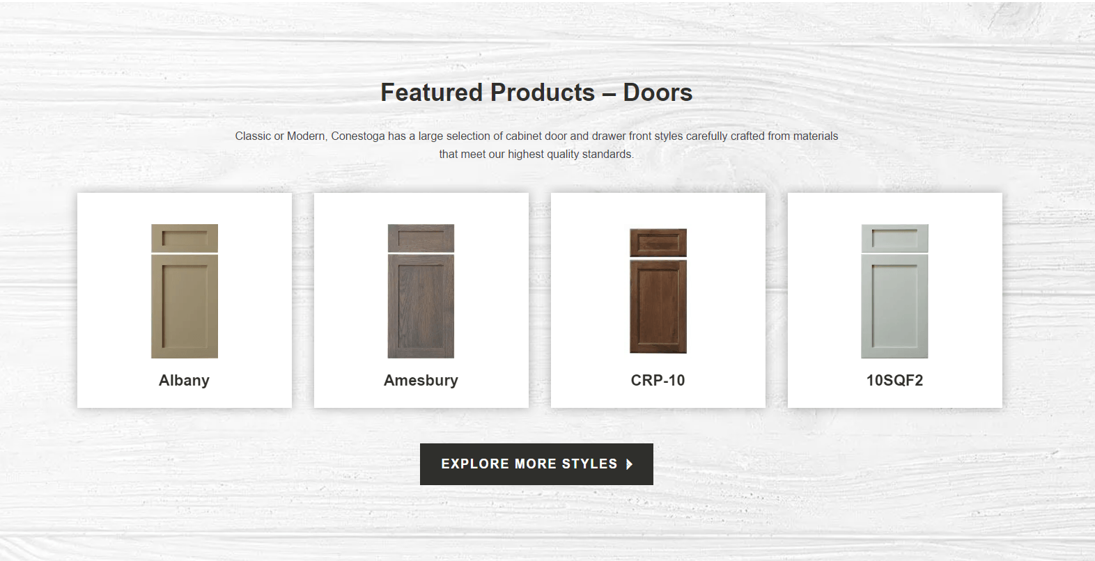 Featured cabinet door styles on a white wooden background, including Albany, Amesbury, CRP-10, and 10SQF2 designs, with a button to explore more styles.