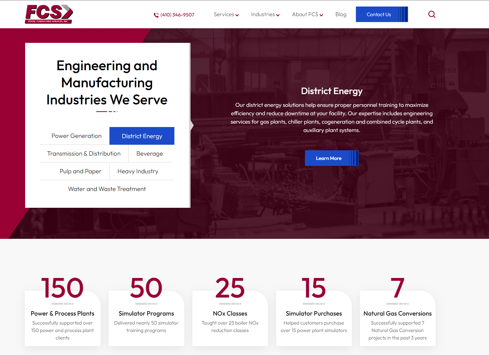 Screenshot of FCS company webpage highlighting industries served such as Power Generation and District Energy, with a section on District Energy services and statistics about the company's achievements in Power & Process Plants, Simulator Programs, NOx Classes, Simulator Purchases, and Natural Gas Conversions.