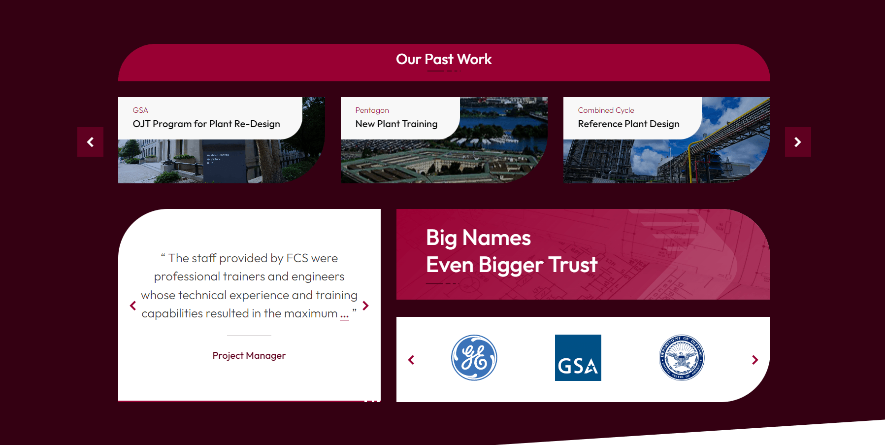 Screenshot of a company's website section titled 'Our Past Work' displaying three project thumbnails for GSA, Pentagon, and Combined Cycle, a client testimonial, and a section with logos of General Electric, GSA, and the Department of Defense, indicating trusted partnerships.