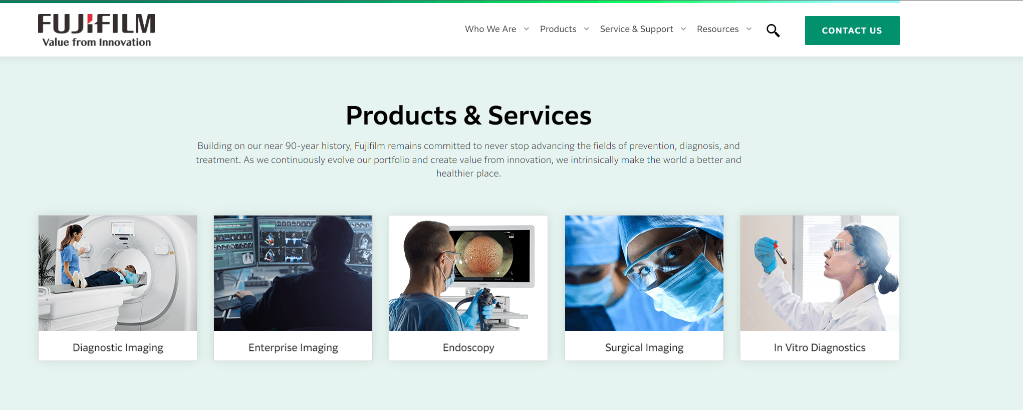 Fujifilm Products & Services webpage banner with text on commitment to healthcare advancement and five images depicting Diagnostic Imaging, Enterprise Imaging, Endoscopy, Surgical Imaging, and In Vitro Diagnostics.