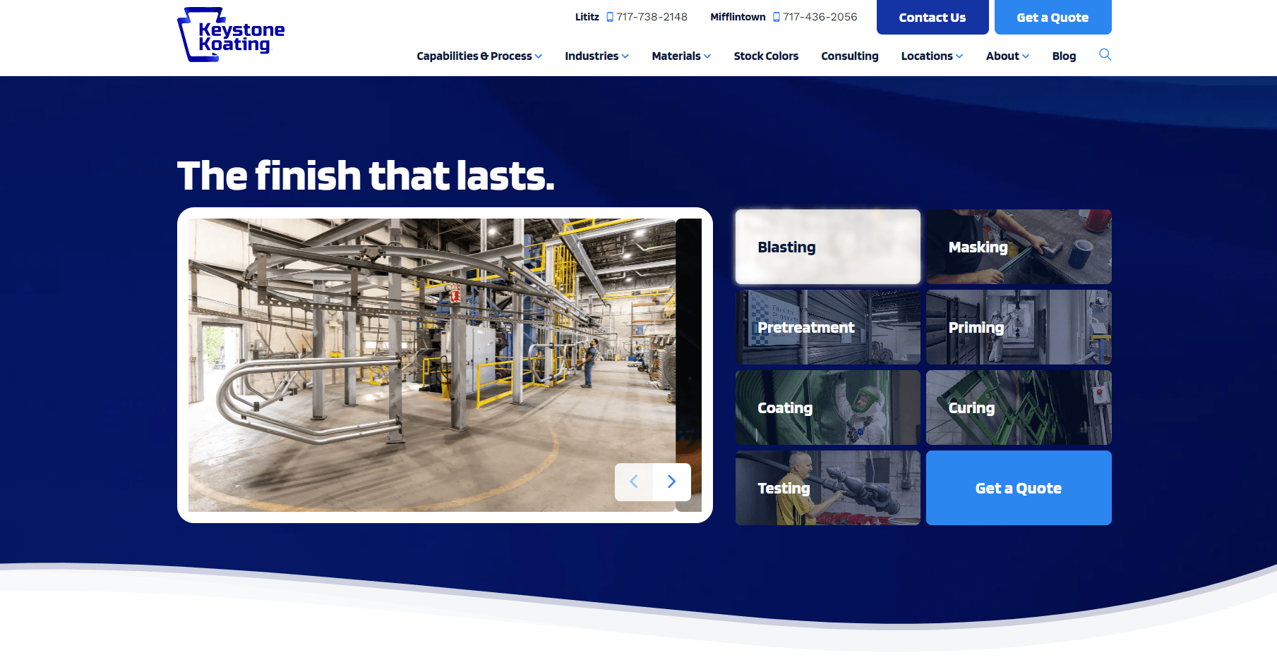 Screenshot of Keystone Coating's website featuring a banner with the slogan 'The finish that lasts' and a navigation bar. Below are images and labels for the coating process stages such as Blasting, Pretreatment, Masking, Priming, Coating, Curing, and Testing.