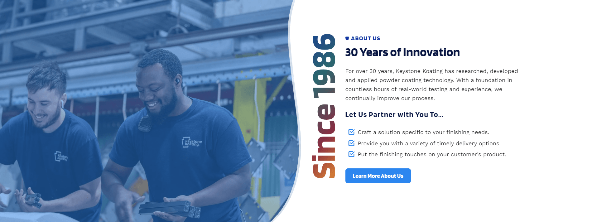 Two workers in Keystone Coating t-shirts smiling and discussing a metallic part in an industrial setting, with a graphic on the right detailing the company's 30 years of innovation in powder coating technology and services offered.