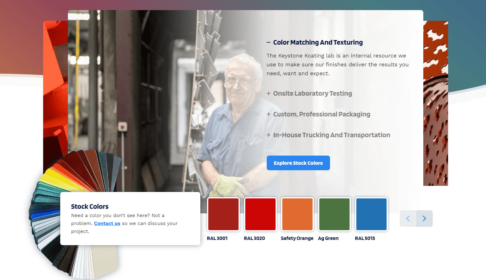 Web page section of an industrial coating company featuring services offered, a color sample fan deck with various colors, and a smiling worker in the background.