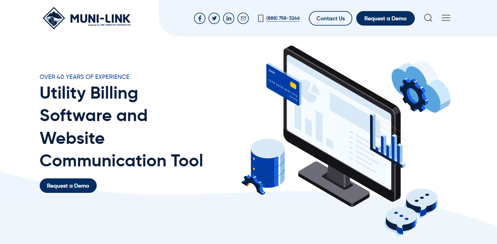 Graphic representation of MUNI-LINK's utility billing software and website communication tool, featuring a computer monitor with bar graphs, database and cloud computing icons, and text emphasizing over 40 years of experience.