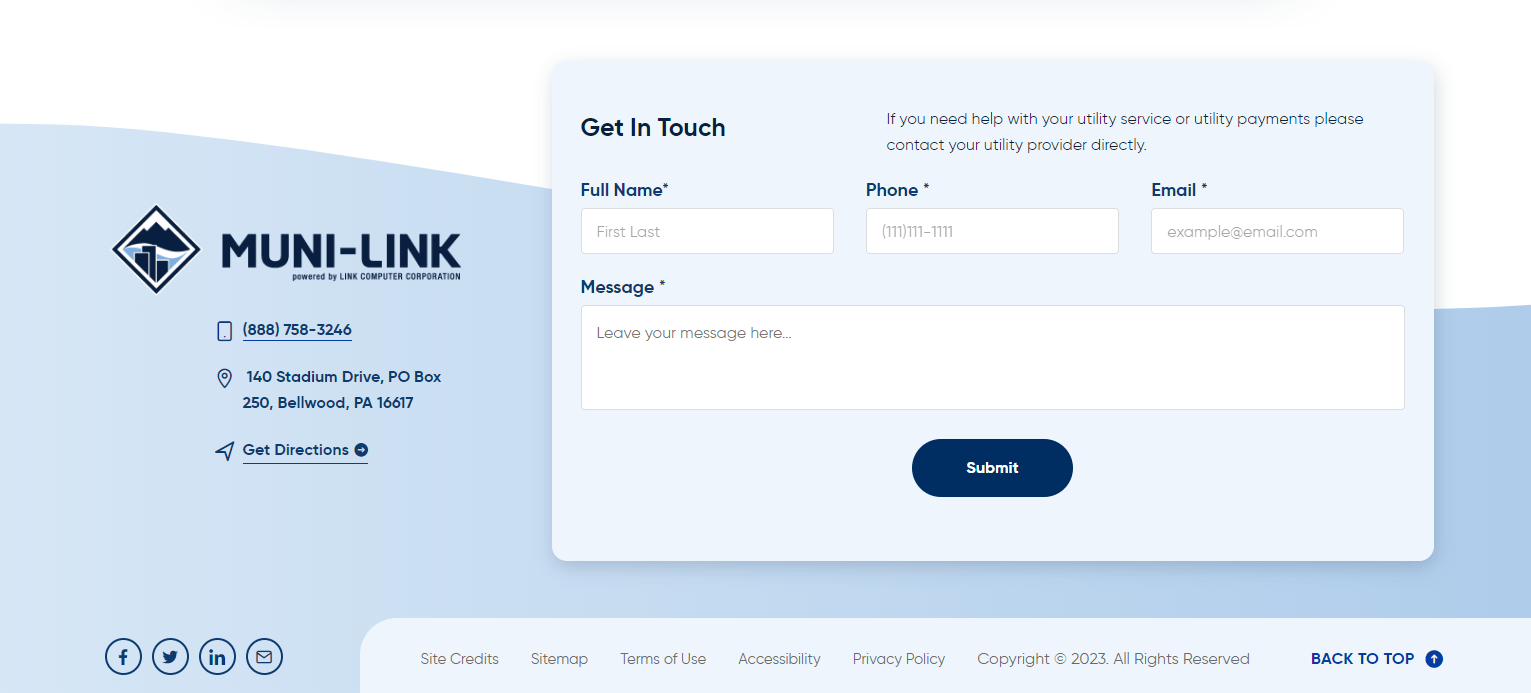 Screenshot of the 'Get In Touch' contact form section on the MUNI-LINK website, including fields for personal information, message box, company contact details, social media links, and website navigation links.