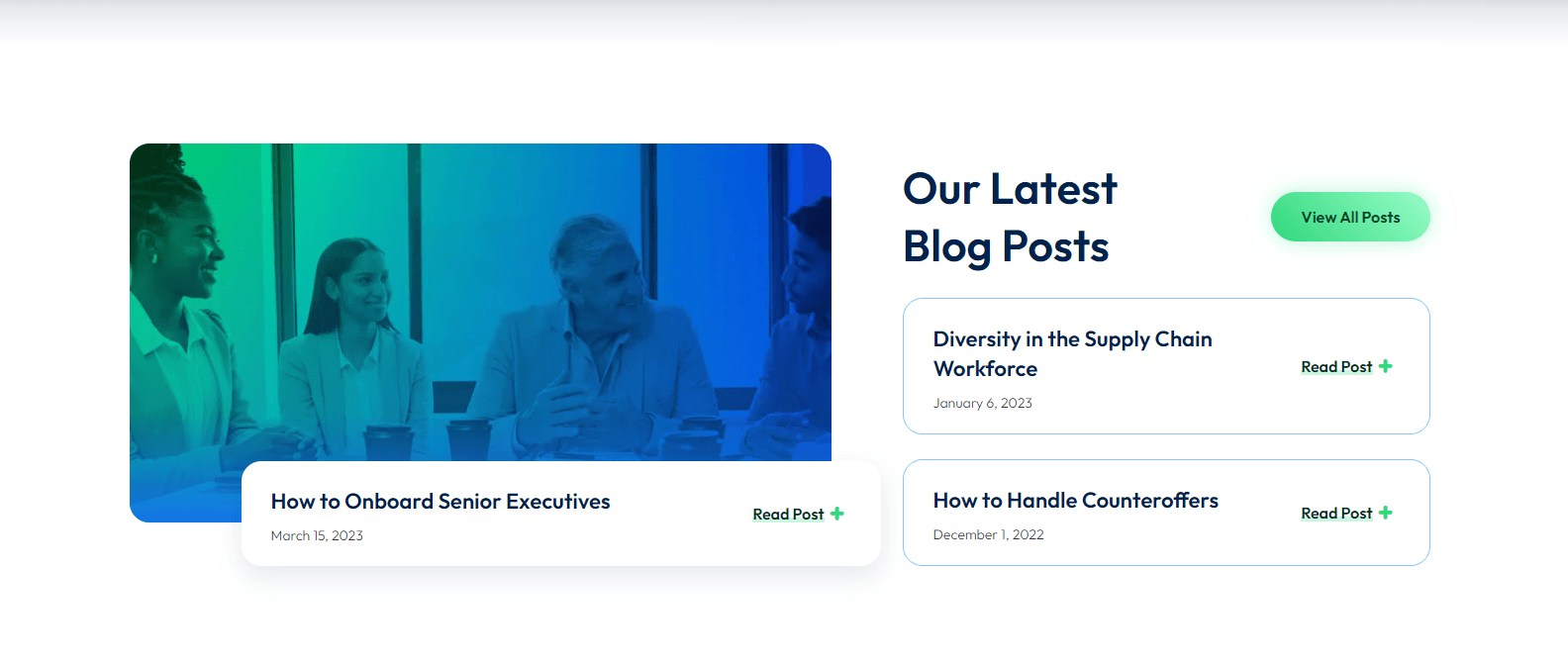 Screenshot of a website's blog section featuring a color-tinted photo of a professional meeting on the left, and titles of blog posts with a 'View All Posts' button on the right.