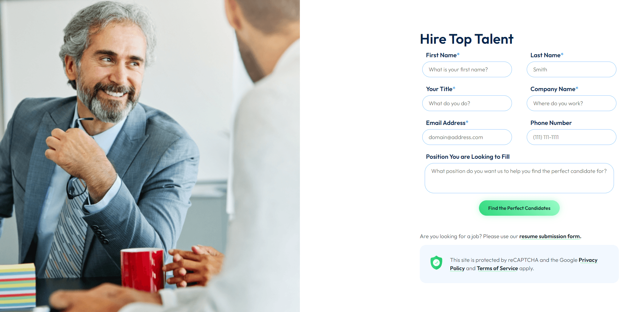 Smiling man in a business suit holding glasses in a conversation, next to a 'Hire Top Talent' web form with various fields for employer details and a green call-to-action button.