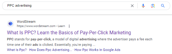 Keyword stemming PPC advertising example in the search results