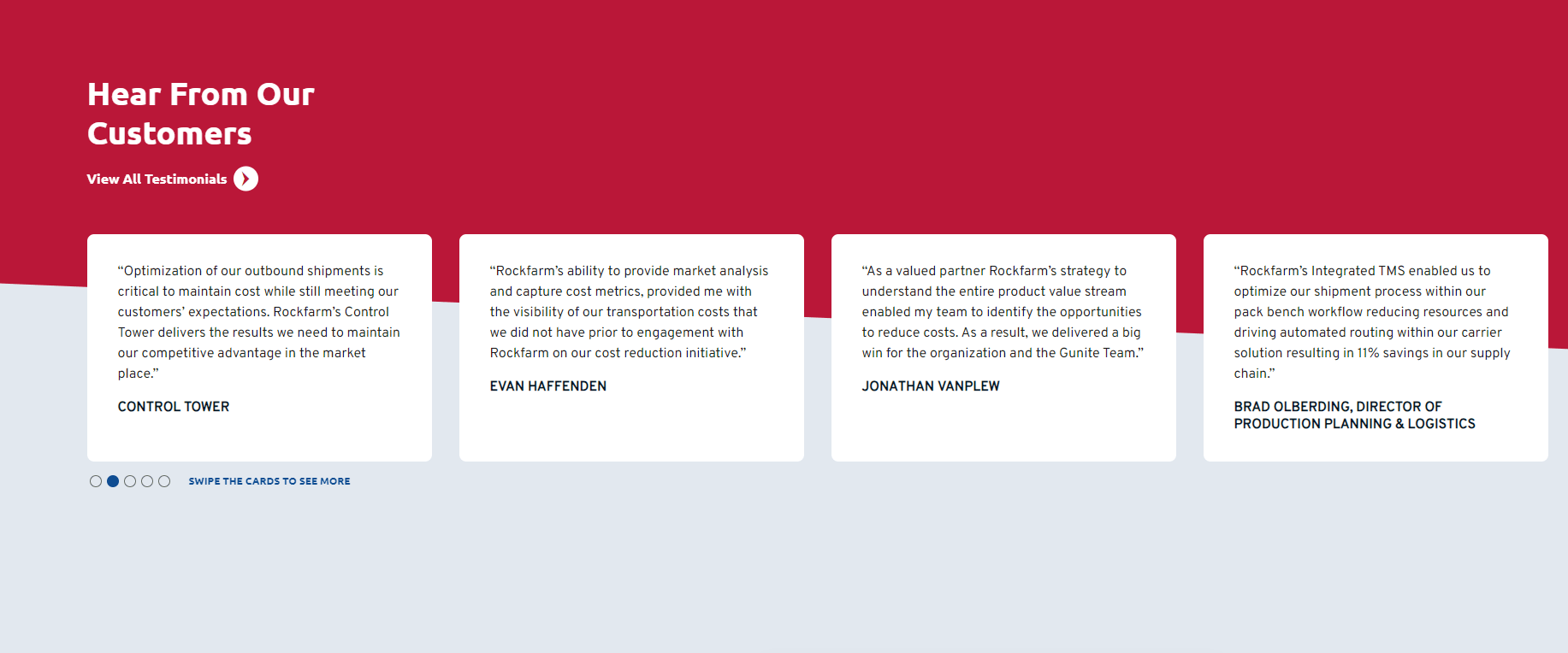 Webpage section with customer testimonials for Rockfarm. Includes four quotes about their services such as shipment optimization, market analysis, and supply chain savings, with names and titles of the endorsers. A prompt suggests swiping to view more testimonials.