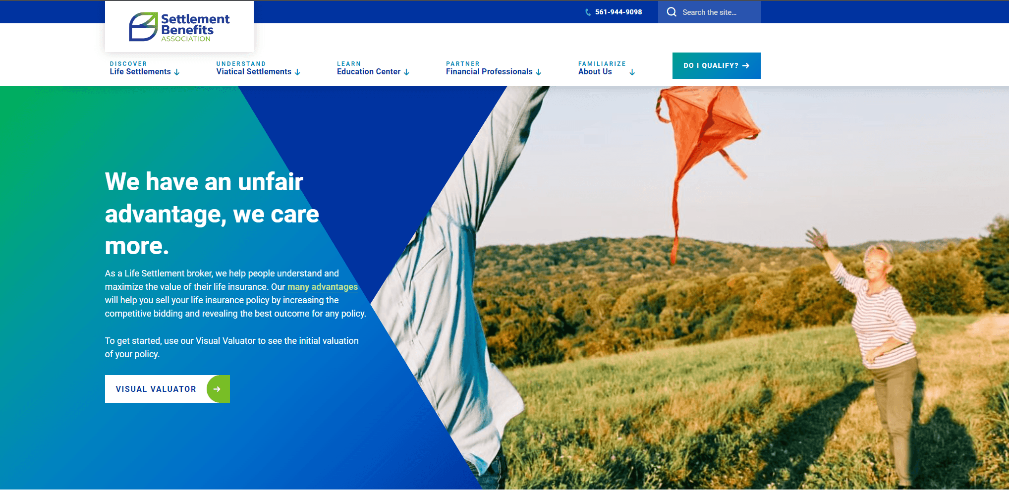 Website interface of Settlement Benefits Association with a message about their life settlement services, alongside a photo of a joyful older woman flying a kite in a field.