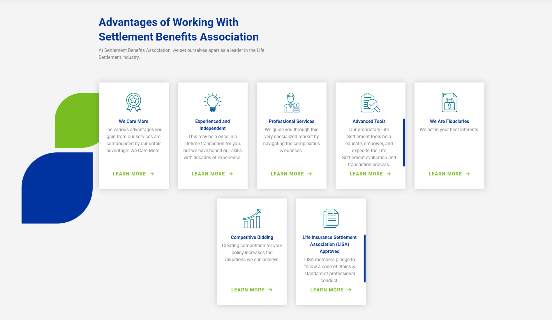 Webpage section highlighting the advantages of working with Settlement Benefits Association, featuring six service feature cards with icons and descriptions, including caring more, experience, professional services, advanced tools, fiduciary responsibility, competitive bidding, and LISA approval.