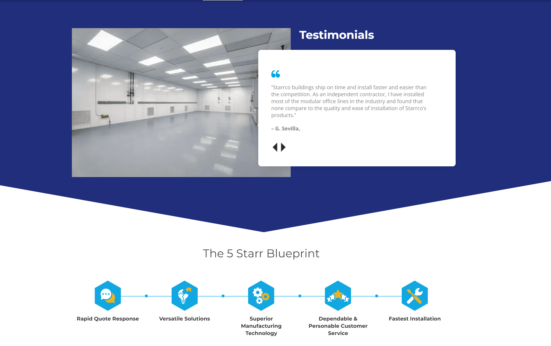 Interior of an industrial facility with a testimonial from G. Sevilla about Starrco's modular office products, and icons representing the company's service blueprint including rapid response, versatility, superior technology, dependable service, and fast installation.