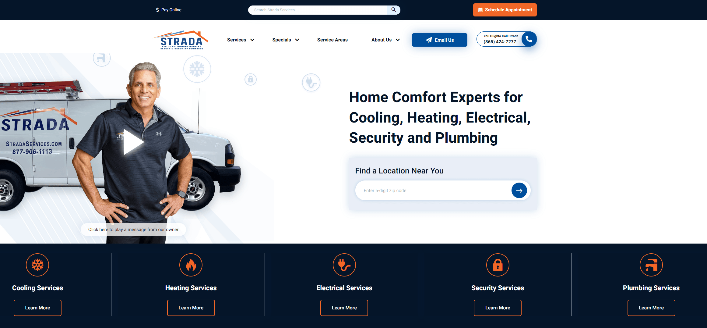 Webpage for STRADA Services featuring a man in a company polo shirt in front of a service van, with sections for home comfort services including cooling, heating, electrical, security, and plumbing.