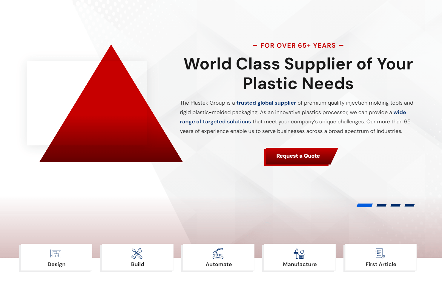 Promotional graphic for The Plastek Group, highlighting over 65 years as a trusted global supplier of plastic injection molding tools and packaging, with services in design, build, automation, manufacturing, and first article production. Includes a 'Request a Quote' button.