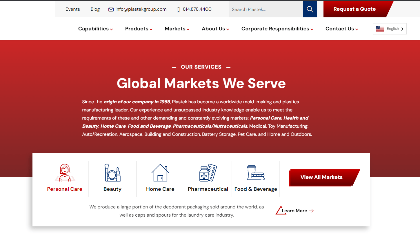 Screenshot of the Plastek Group website showcasing their 'Global Markets We Serve' section with a navigation bar, company description, market icons for Personal Care, Beauty, Home Care, Pharmaceutical, and Food & Beverage, and a 'View All Markets' button.