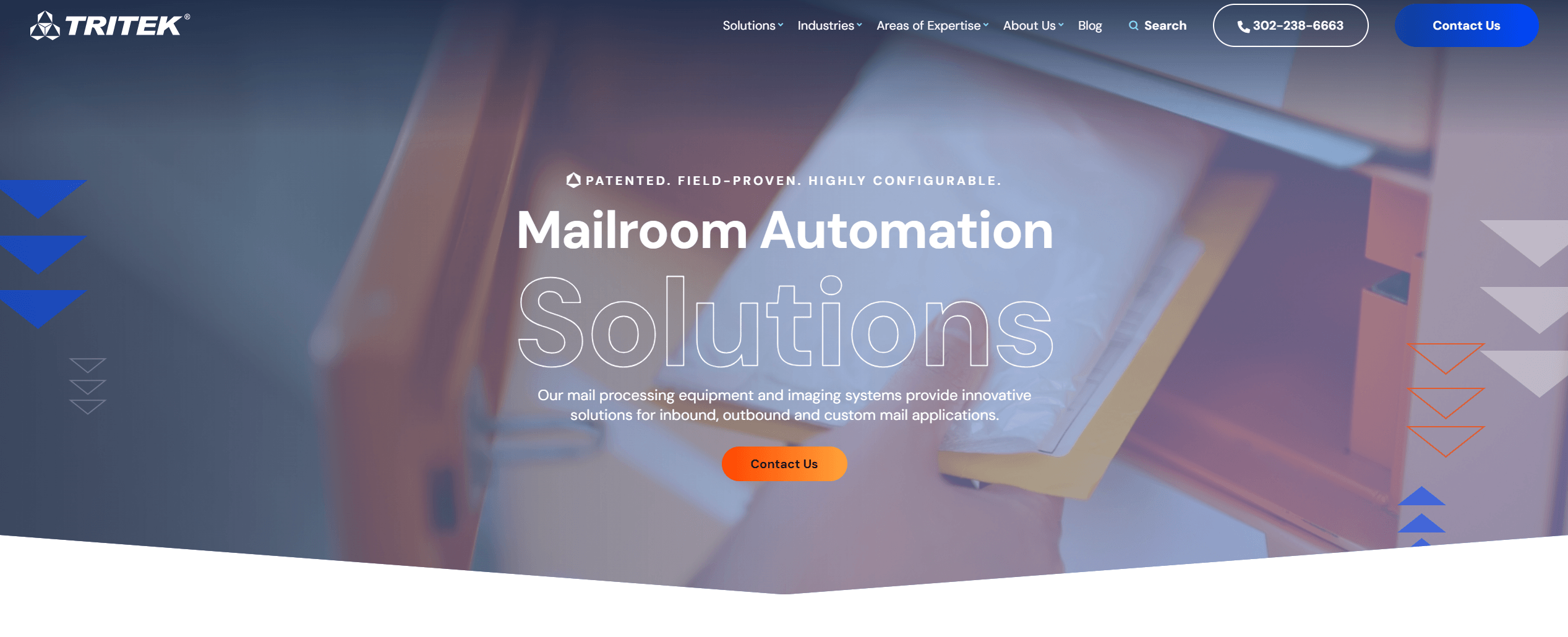 TRITEK company website header with a focus on Mailroom Automation Solutions, featuring text about patented and configurable mail processing equipment, with a blurred background suggesting movement of mail items.