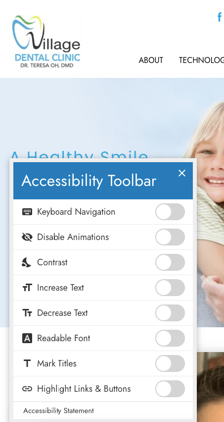 Accessibility menu on Village Dental Clinic's website